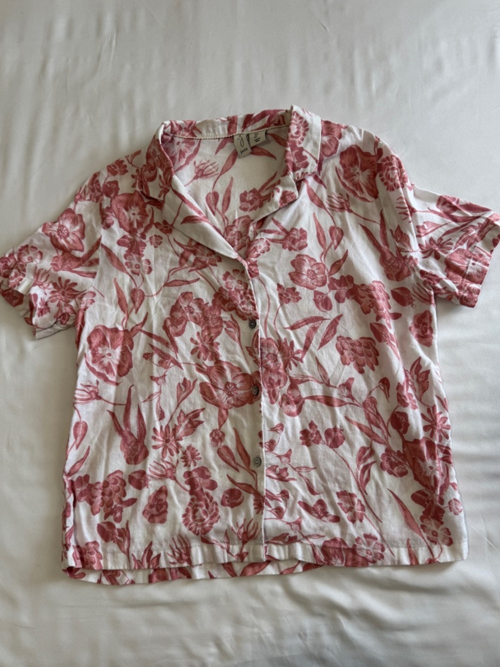Joie pink & white floral cropped button-up short sleeve blouse Size L
